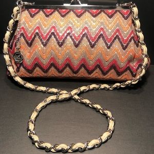 Big Buddha retro pattern crossbody clutch with silver tone accents